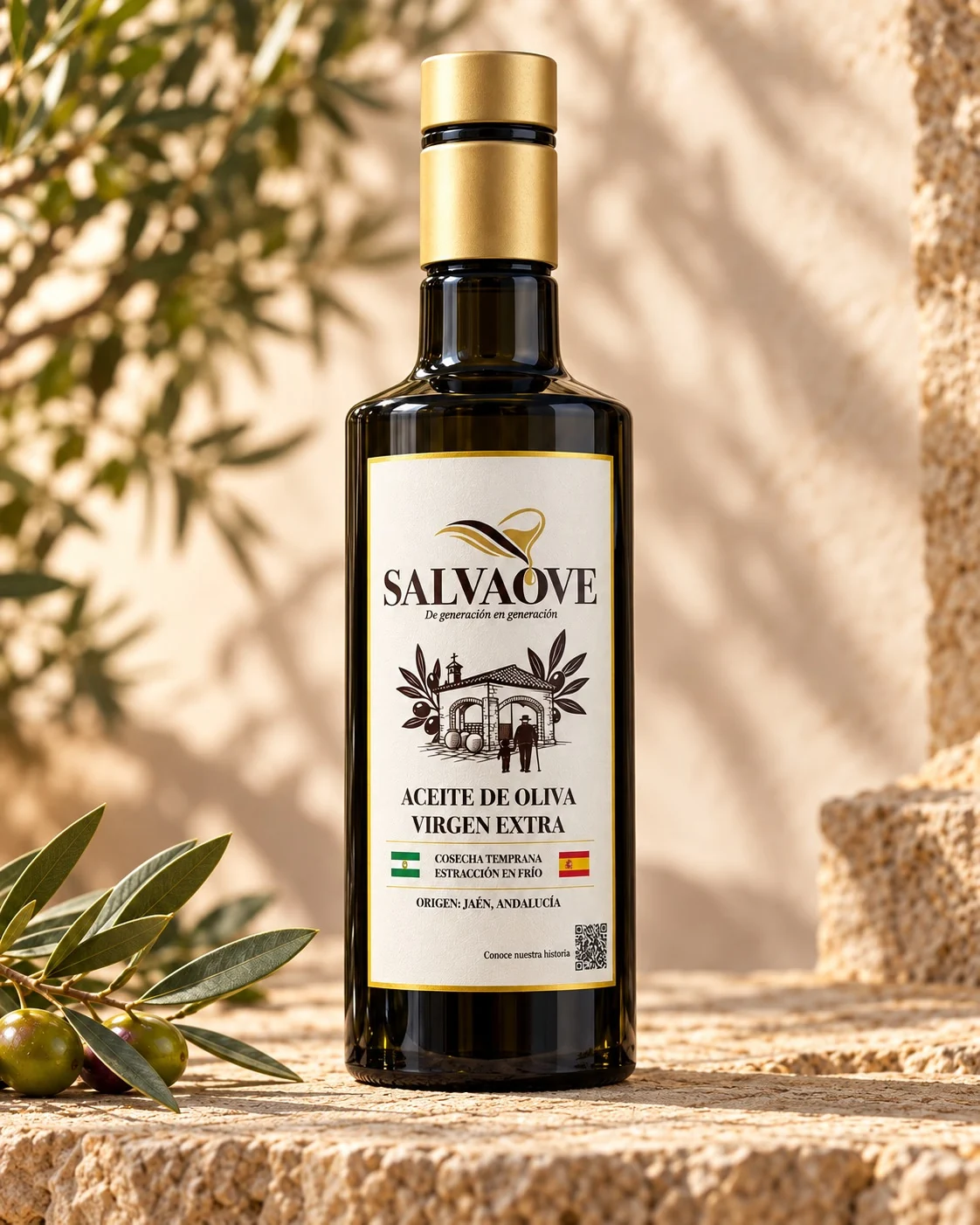 Mockup SALVAOVE: botella oscura con tapón dorado en estudio