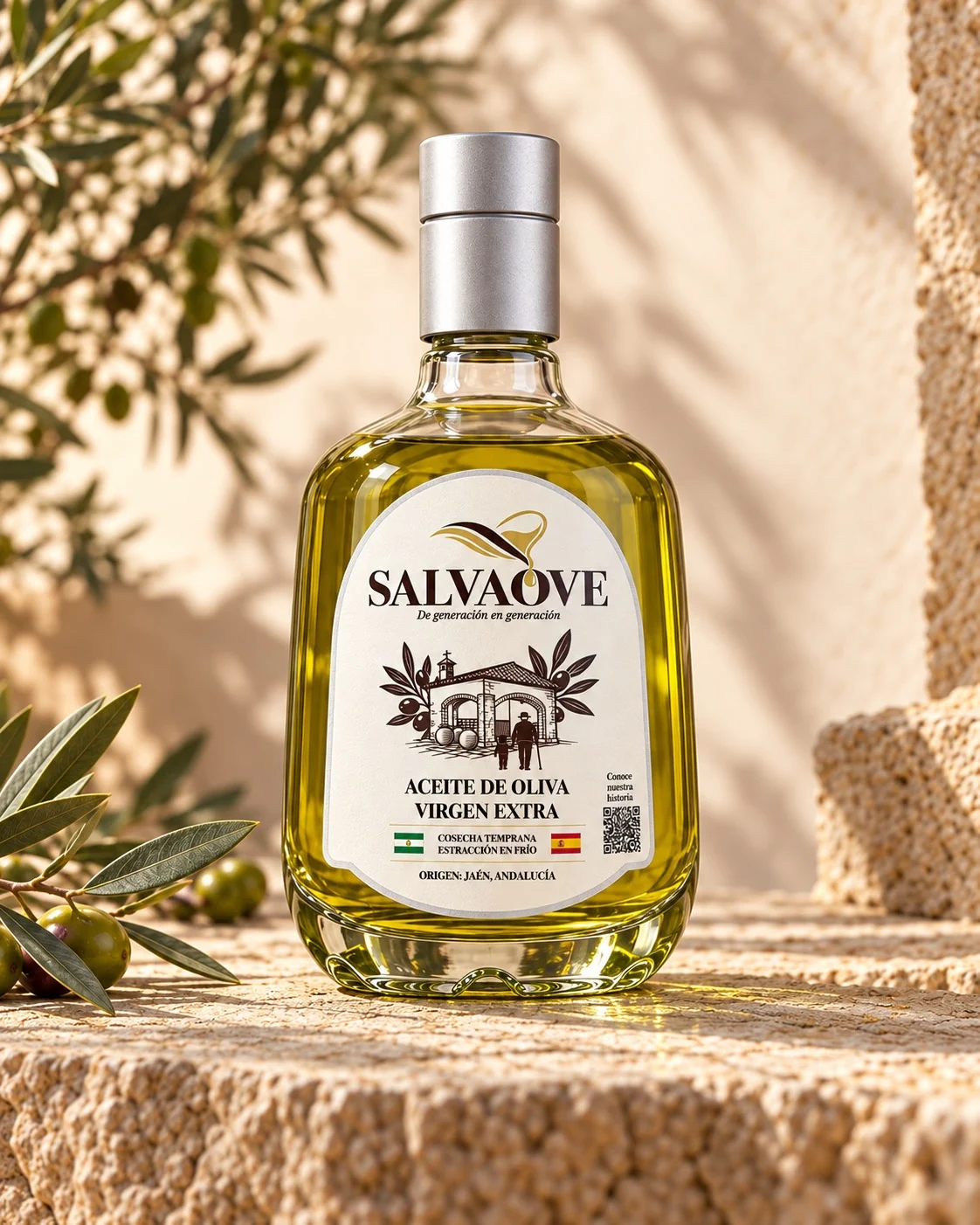 Mockup SALVAOVE: botella transparente con tapón plateado en estudio